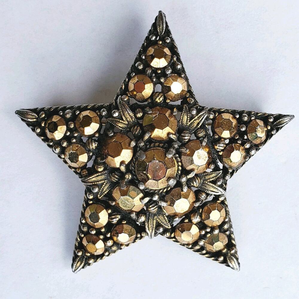 Vintage Weiss Star Rhinestone Crystal Gold Tone Brown Brooch 2"